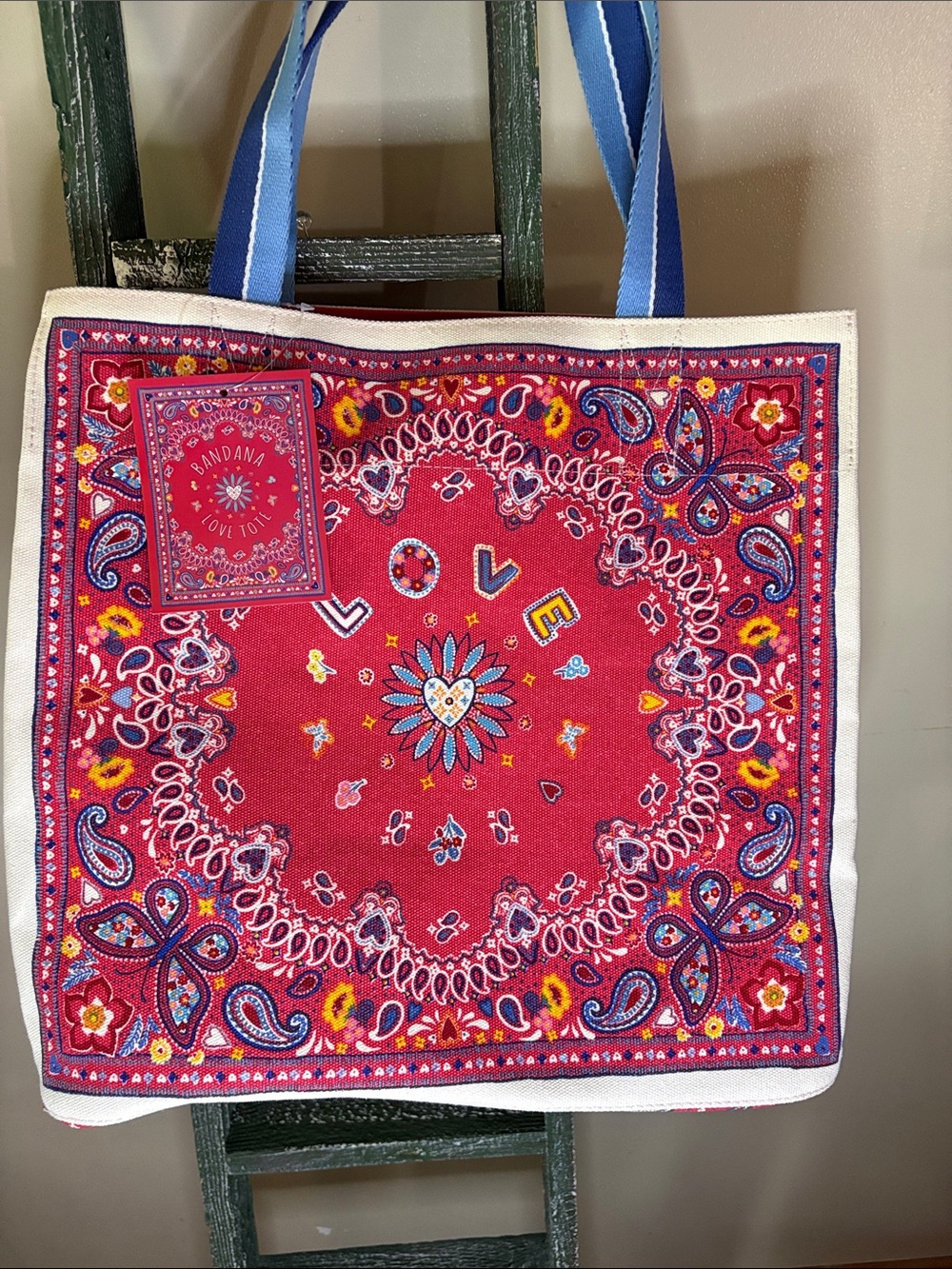 Brighton Red Paisley LOVE Tote with Blue Handles